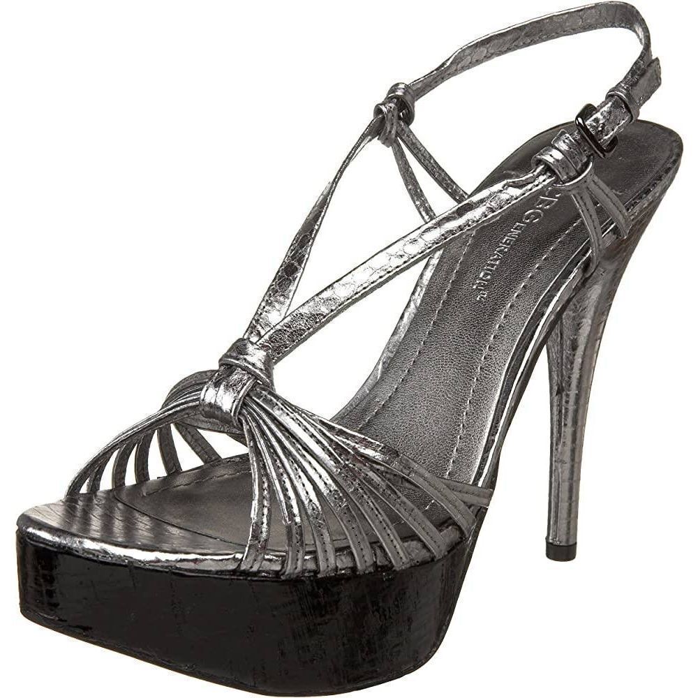 BCBGeneration Santos heeled leather sandal, silver pewter, sz 10